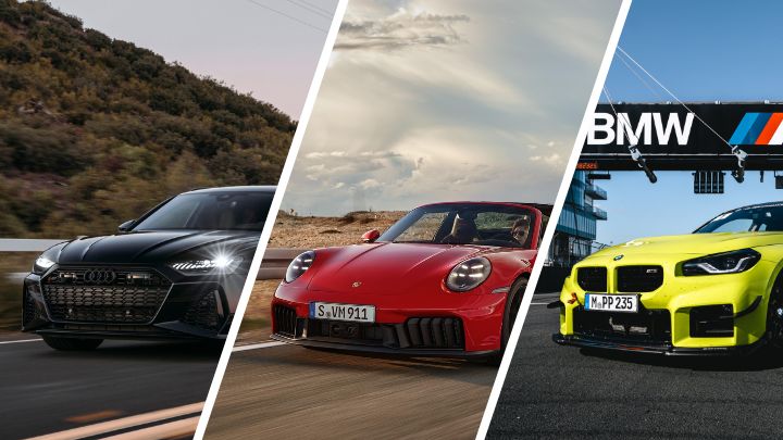 Collage of German performance cars: Audi RS estate cornering on a coastal road, red Porsche 911 Cabriolet, and yellow BMW M2 on a race track