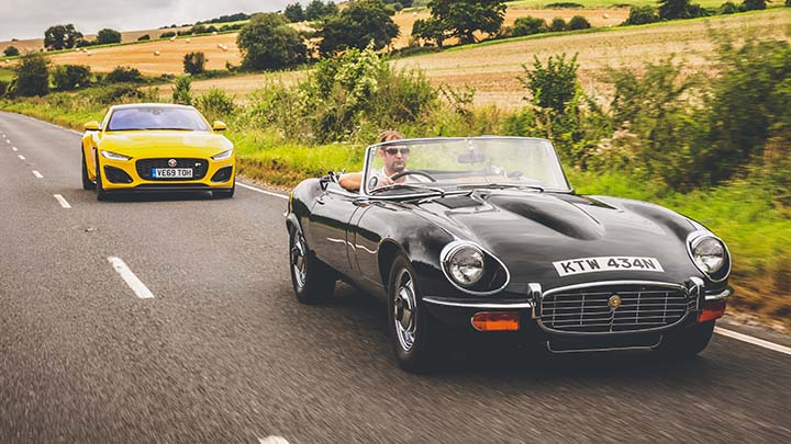 Yellow F-TYPE and Black E-Type Driving on Country Road