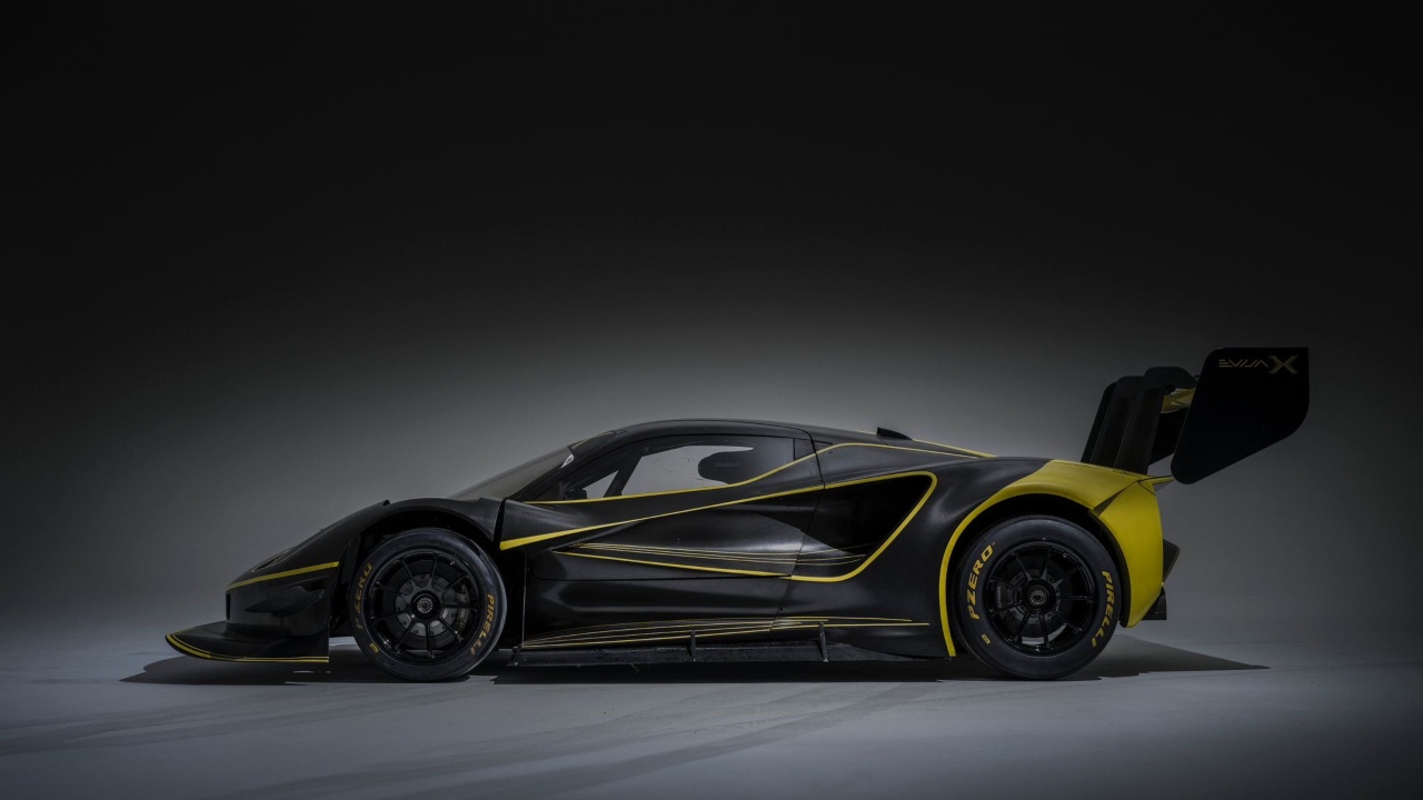 Lotus Evija X side profile showcasing sculpted bodywork, aerodynamic airflow channels and racing slick tyres