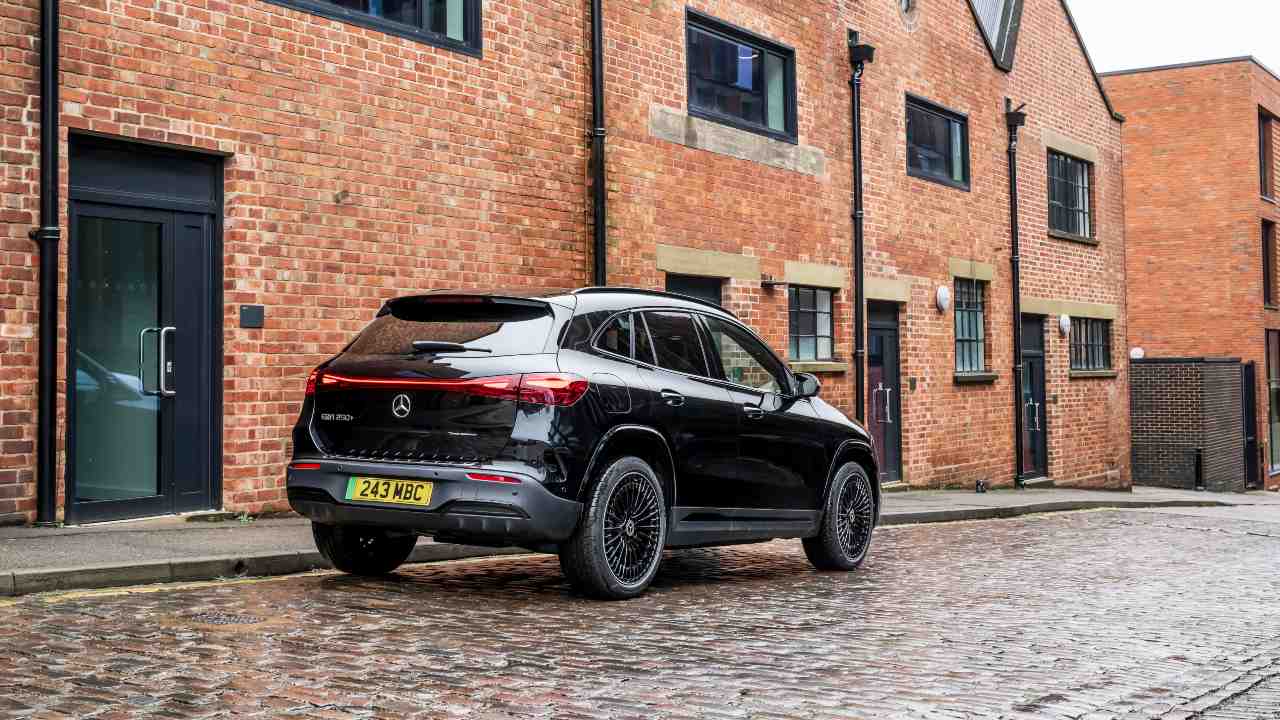 Black Mercedes Benz EQA rear on residential street