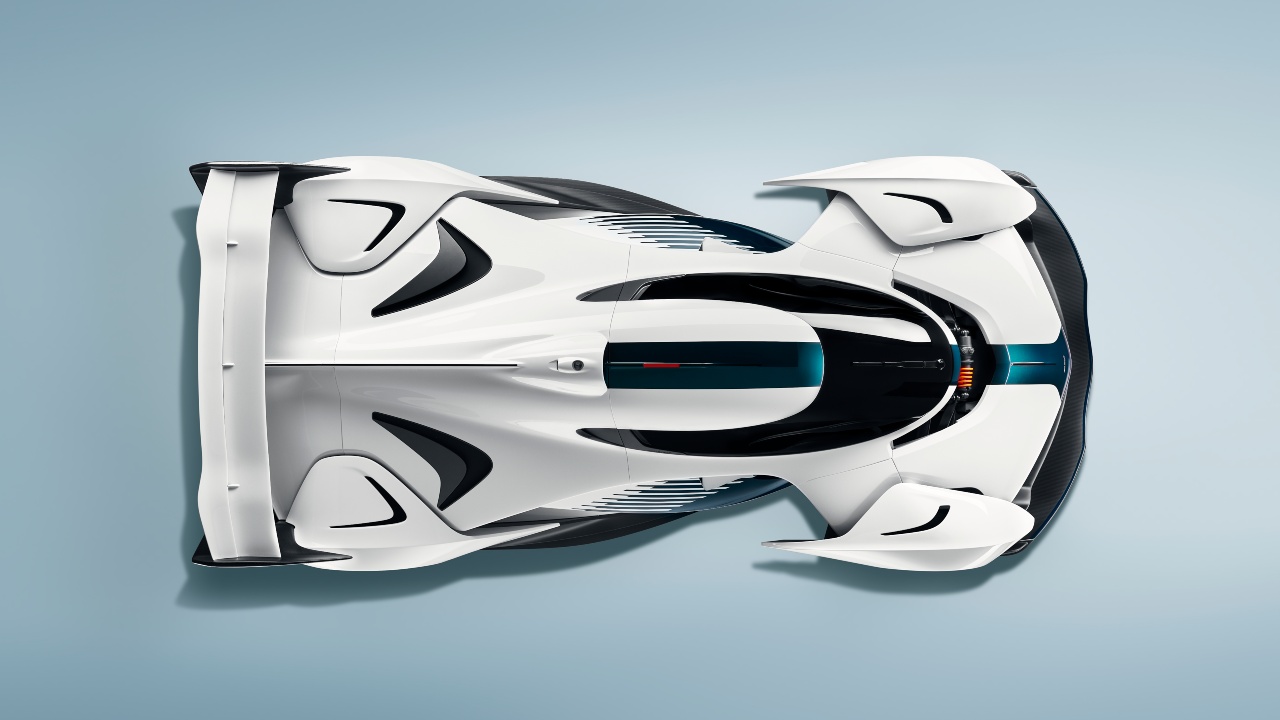Aerial top-down view of the McLaren Solus GT highlighting aerodynamic bodywork and race-inspired form