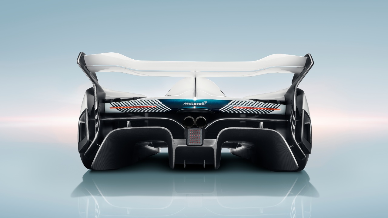 Rear view of the McLaren Solus GT showing large rear wing and aggressive diffuser design