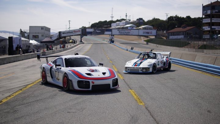 Modern Porsche 935 and classic 935 ‘Moby Dick’ together on racetrack