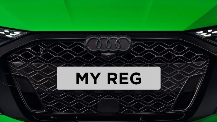 Green Audi RS3 front end with the number plate 'MY REG' 