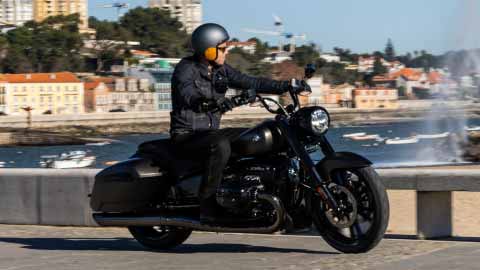 Motorcyclist Riding Black BMW R 18 Roctane