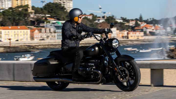 Motorcyclist Riding Black BMW R 18 Roctane