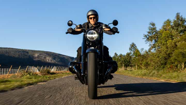 Motorcyclist Riding Black BMW R 18 Roctane