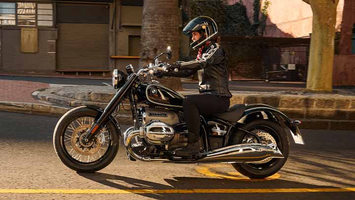 Side Shot of Motorcyclist Riding Black BMW R 18