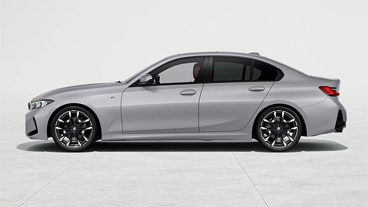 Side shot of a stationary grey BMW 3 Series saloon