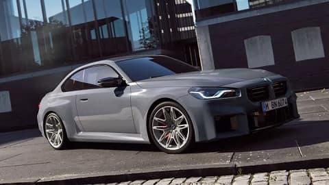 Front quarter shot of a parked grey BMW M2 Coupe