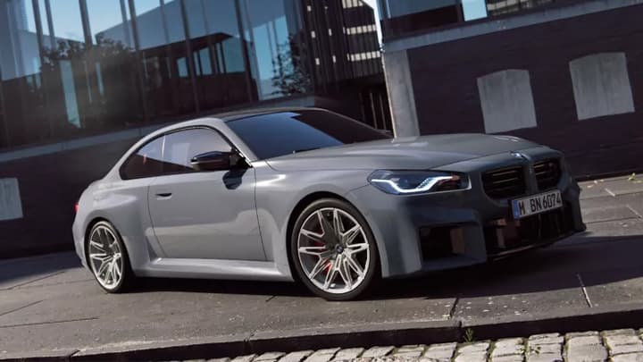 Front quarter shot of a parked grey BMW M2 Coupe