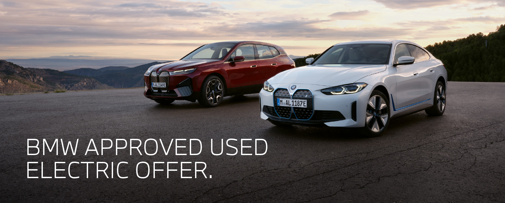 2 BMW vehicles with a scenic view background. White promotional text overlay.