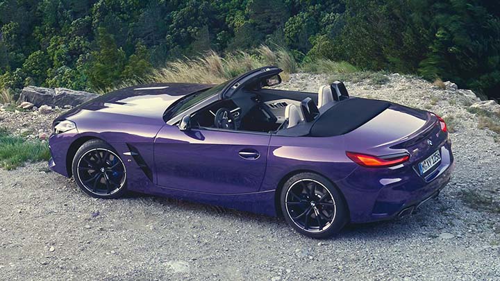 Purple BMW Z4 parked on a mountain