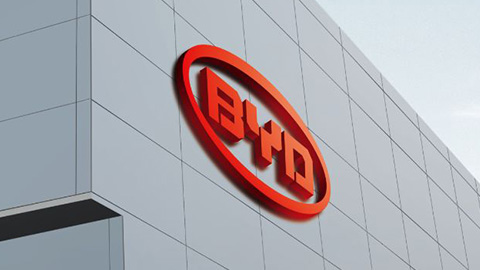 Red BYD logo on the side of a building