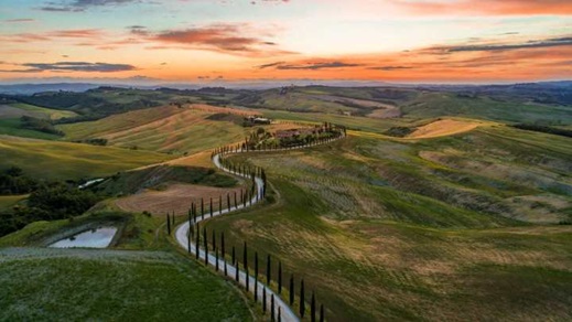 Aerial View of Italian Countryside with Winding Road