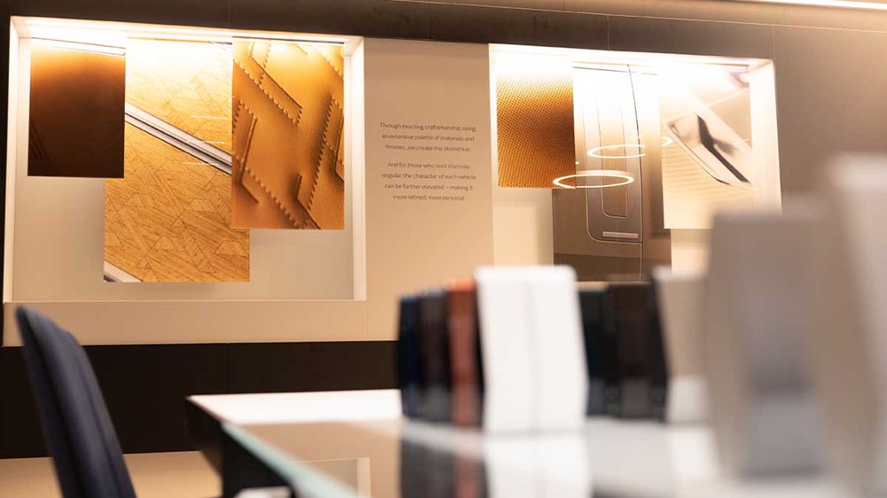 Stratstone Land Rover Mayfair, interior shot with colour swatch examples