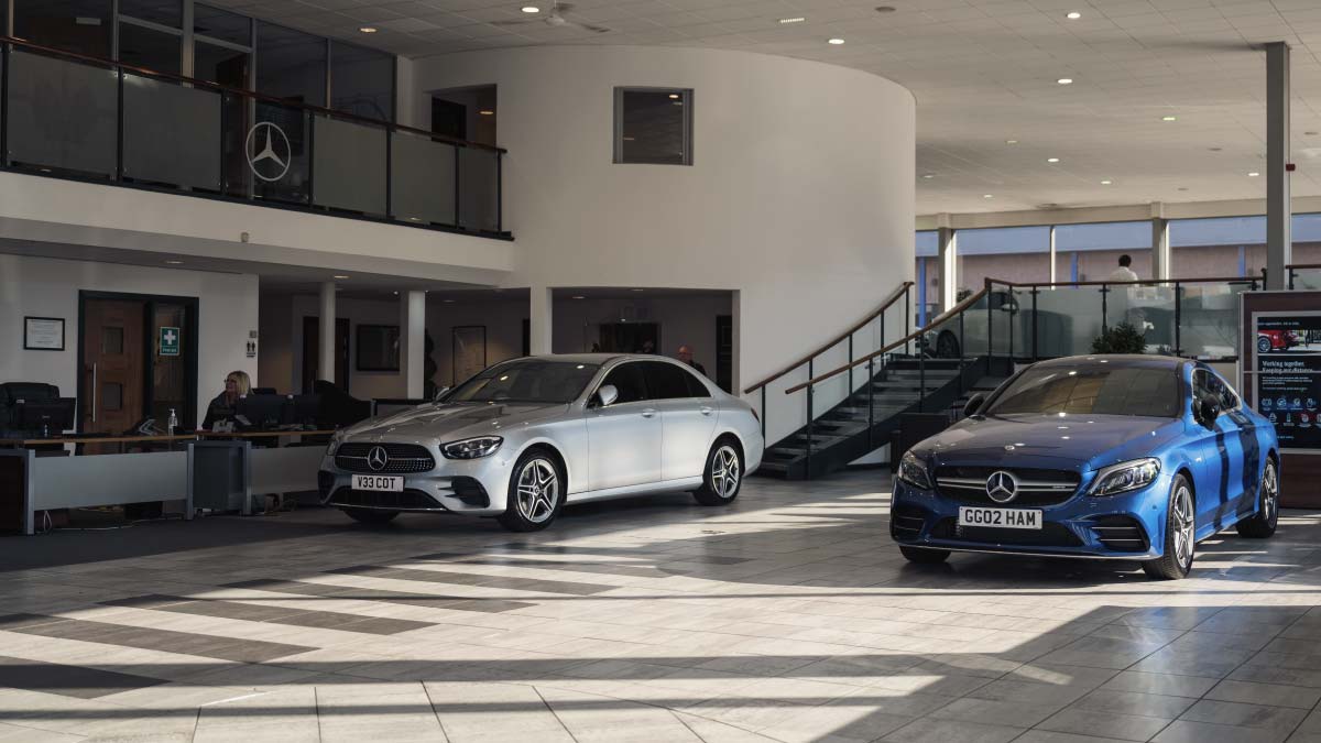 Mercedes-Benz Glasgow showroom with range of new cars on display