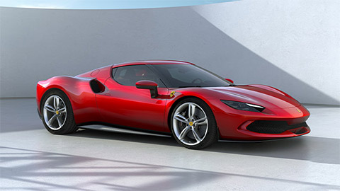 Front quarter shot of a parked red Ferrari 296GTB