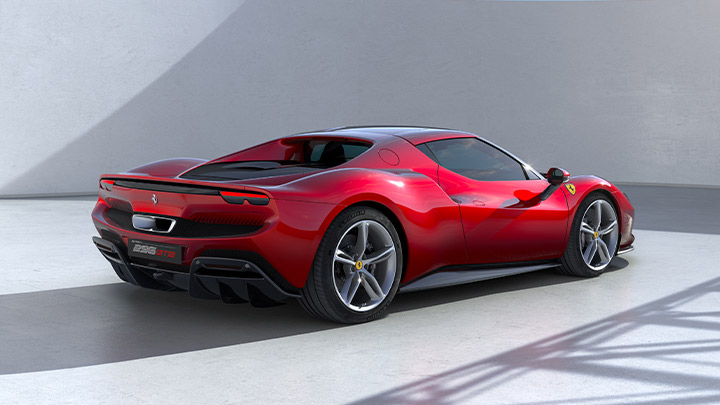 Rear quarter shot of a parked red Ferrari 296GTB