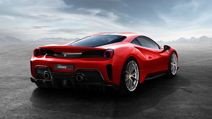Rear quarter shot of a parked red Ferrari 488