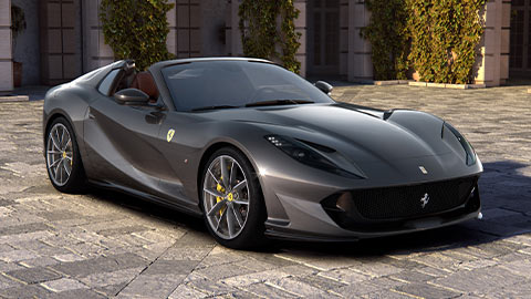 Front quarter shot of a parked grey Ferrari 812