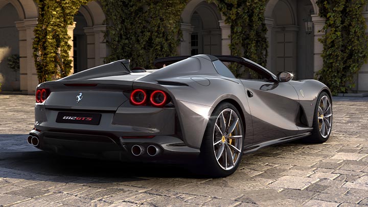 Rear quarter shot of a parked grey Ferrari 812