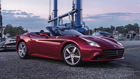 Front quarter shot of a parked red Ferrari California