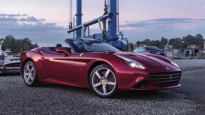 Front quarter shot of a parked red Ferrari California