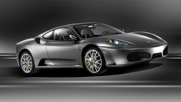 Front parked shot of a grey Ferrari F430