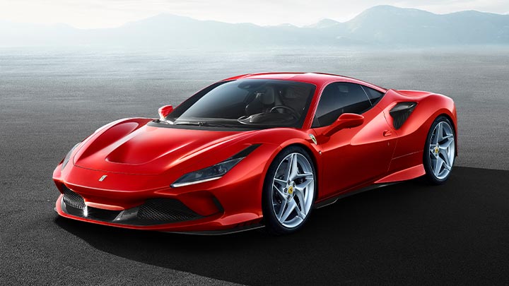 Front parked shot of a red Ferrari F8