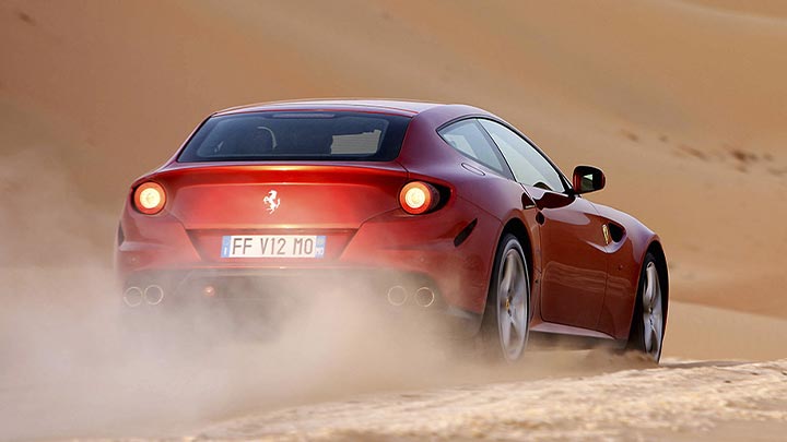 Rear parked shot of a red Ferrari FF