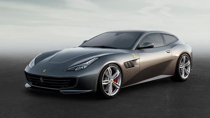 Front parked shot of a grey Ferrari GTC4 Lusso