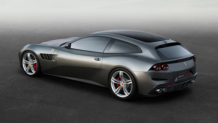 Rear parked shot of a grey Ferrari GTC4 Lusso