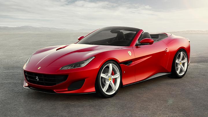 Front parked shot of a red Ferrari Portofino