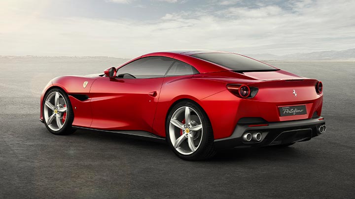 Rear parked shot of a red Ferrari Portofino
