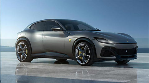 Front parked shot of a grey Ferrari Purosangue