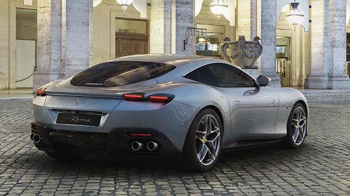 Rear parked shot of a grey Ferrari Roma