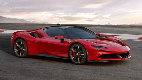 Front parked shot of a red Ferrari SF90