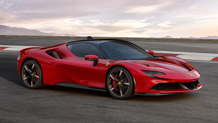 Front parked shot of a red Ferrari SF90
