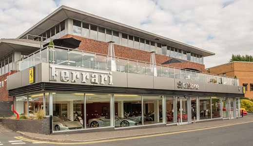 Outside the Stratstone Ferrari Manchester showroom.