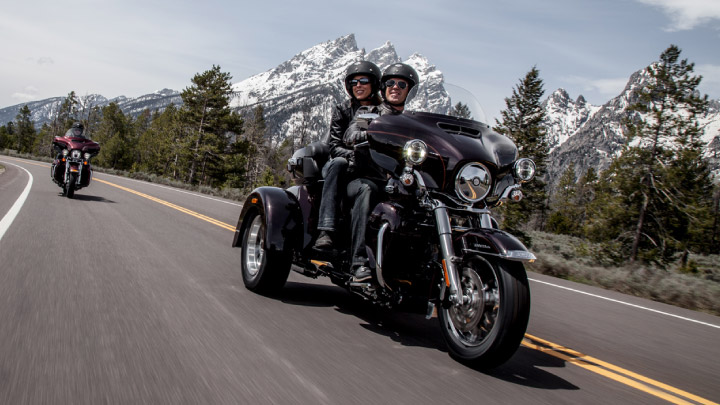 Harley Davidson Trike on the road.