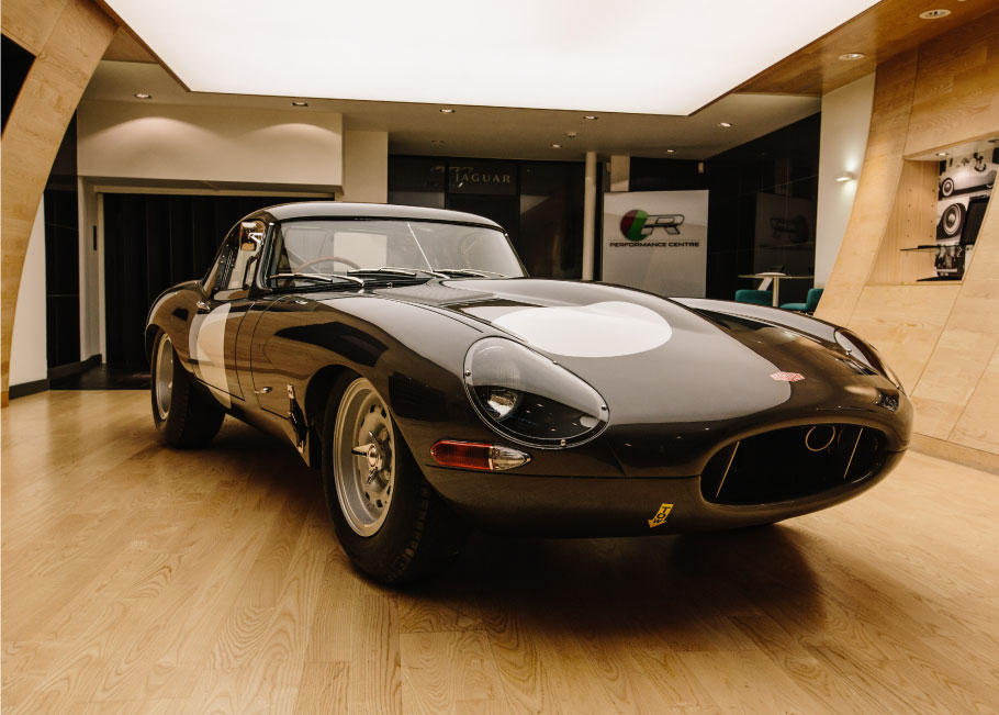 Jaguar Lightweight E-Type in the basement of Mayfair's showroom.