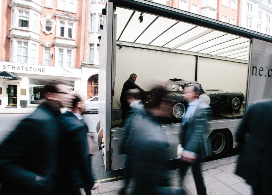 Unveil of the E-Type on the lorry outside the London showroom.