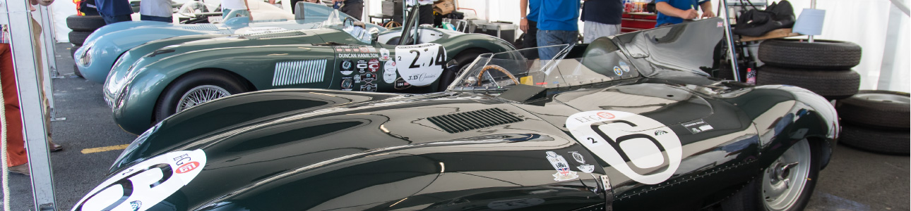 Jaguar Lightweight E-Type lined up on display.