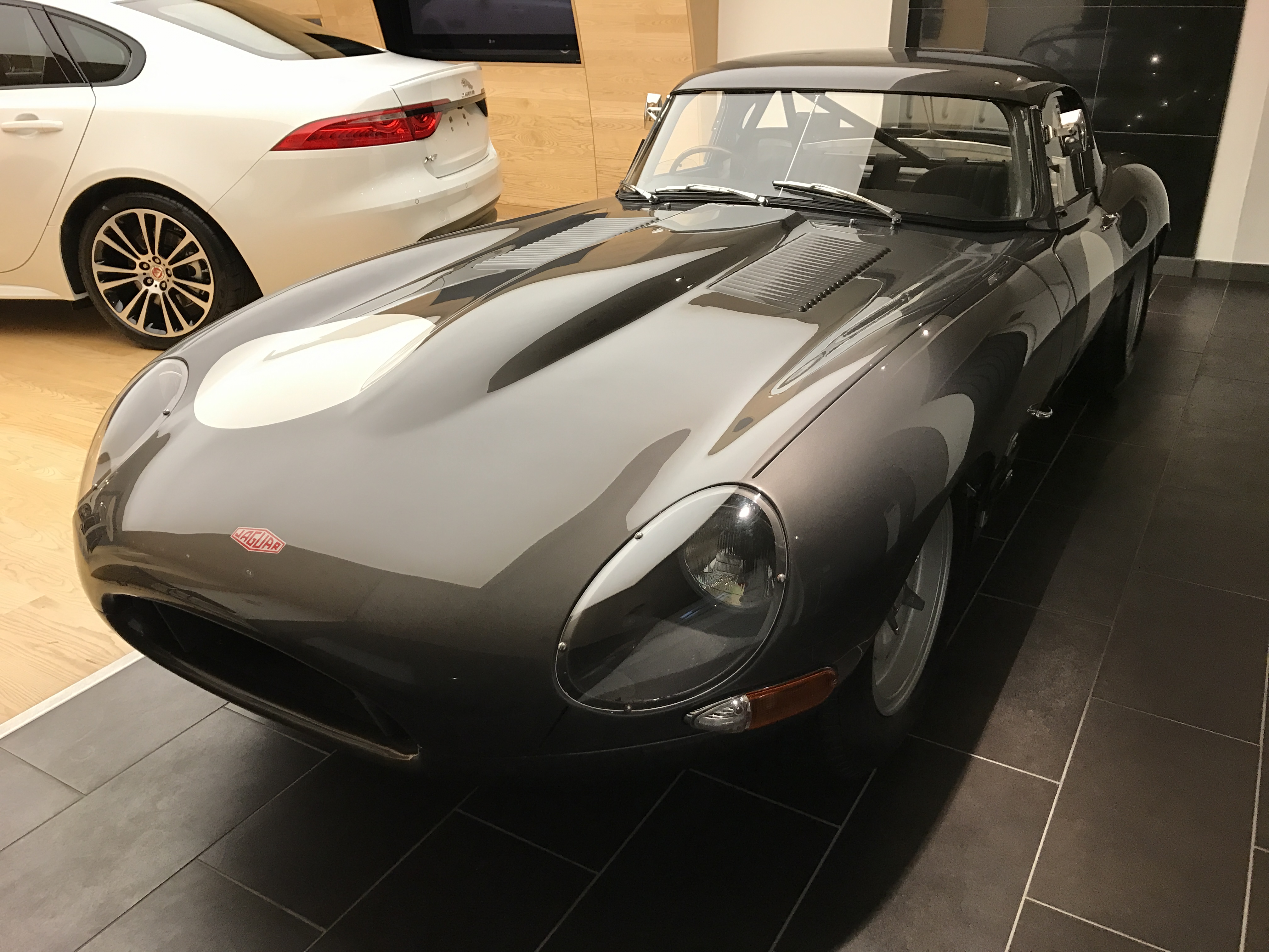 Front view of the Lightweight E-Type on Berkeley Street.