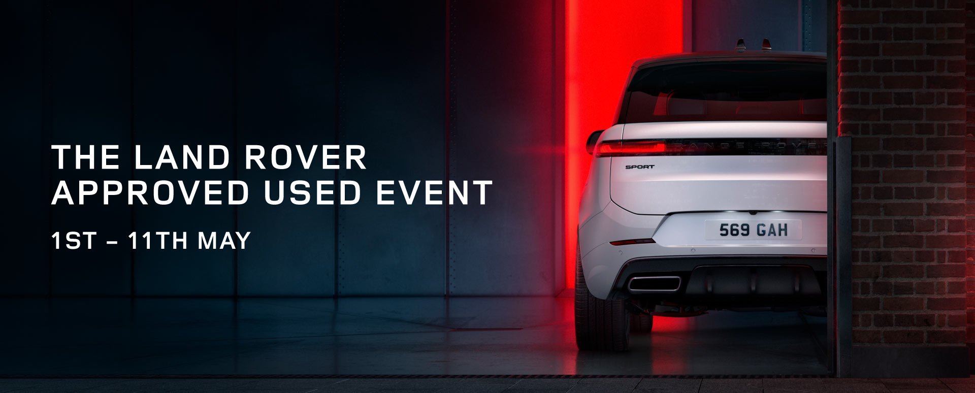 Rear Shot White Land Rover With Offer Title and Dates