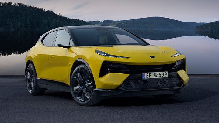 Front quarter shot of a parked yellow Lotus Eletre