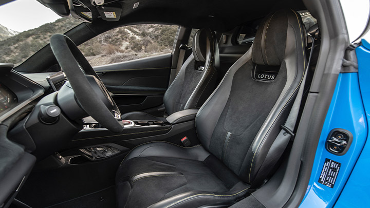 Interior shot of a Lotus Emira's front seats