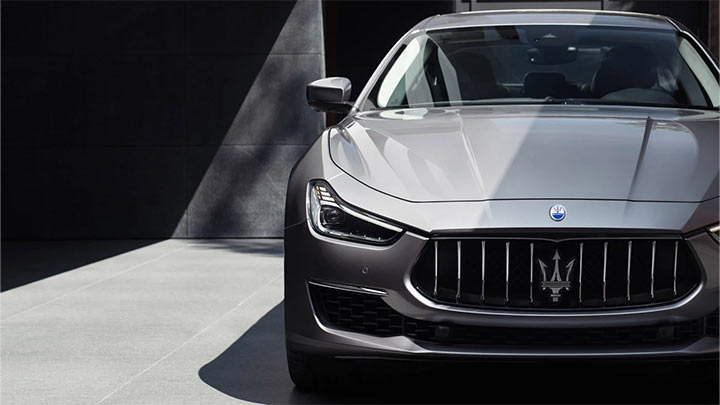 Close up of a grey Maserati's grille