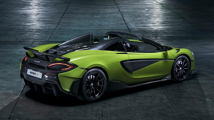 Rear Shot Of Green McLaren 600LT Parked Inside Warehouse